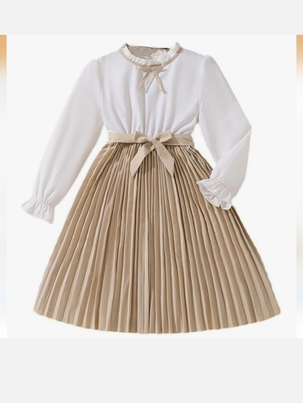 Girls Cream and Beige Pleated Bow-front Dress